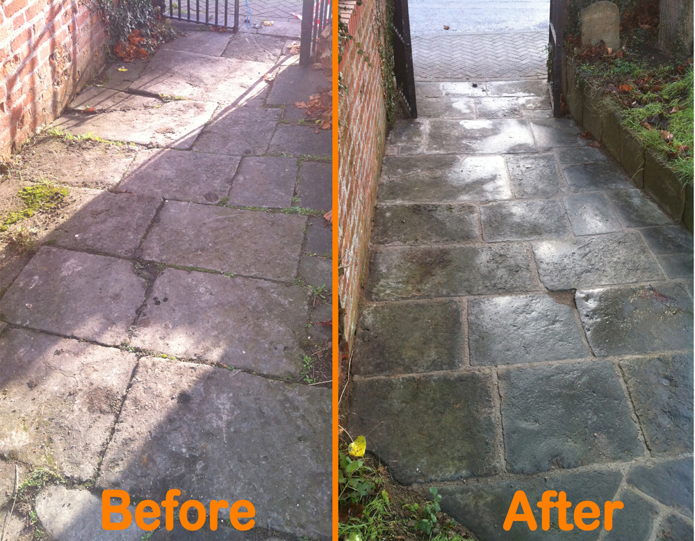 before and after picture of relaying of stone flags in kineton warwickshire